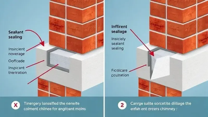 Ilustração conceitual comparando técnicas incorretas e corretas de vedação de chaminé para evitar erros comuns