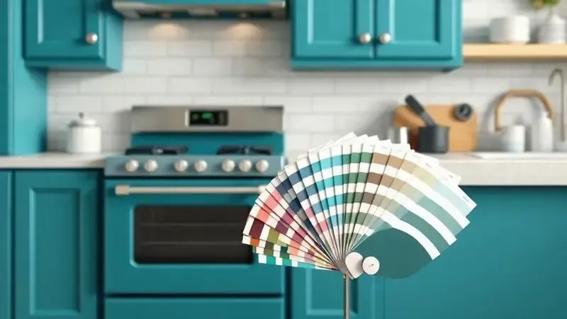 Paleta de cores e amostras de tinta ao lado de um fogão moderno para inspirar a escolha da cor ideal para a cozinha.