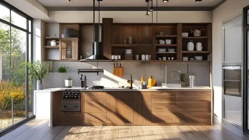 Soluções criativas ilustradas para esconder botijão de gás em cozinha planejada com armários inteligentes.