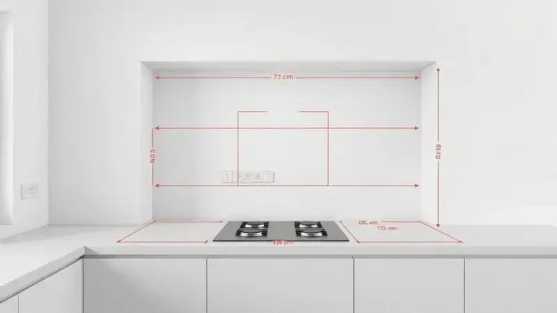 Render 3D mostrando o espaço e as dimensões necessárias em uma bancada para instalação de um fogão 5 bocas.