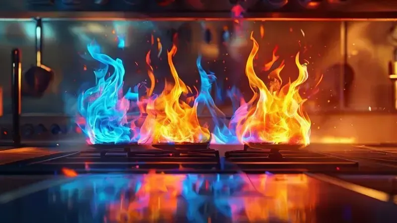Ilustração conceitual do espectro de cores da chama do fogão, mostrando azul, laranja e amarelo indicando qualidade da combustão