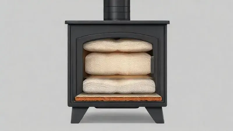 Ilustração conceitual da estrutura interna e durabilidade do fogão, destacando materiais resistentes.