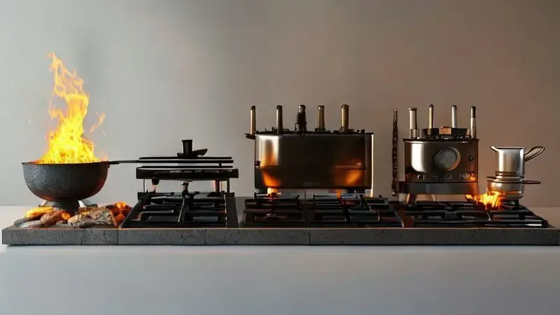 Evolução histórica dos métodos de cocção desde fogo de chão até fogões modernos em linha do tempo visual