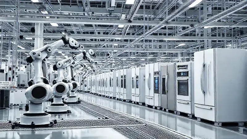 Representação de uma linha de montagem de alta tecnologia em uma fábrica moderna, focada na produção de eletrodomésticos.