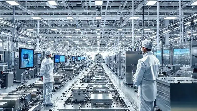 Renderização artística de uma fábrica moderna e automatizada, com linhas de montagem de eletrodomésticos, representando a qualidade da fabricação.