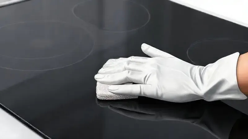 Imagem de uma mão limpando um cooktop de vidro temperado preto com uma esponja, ilustrando a facilidade de manutenção.