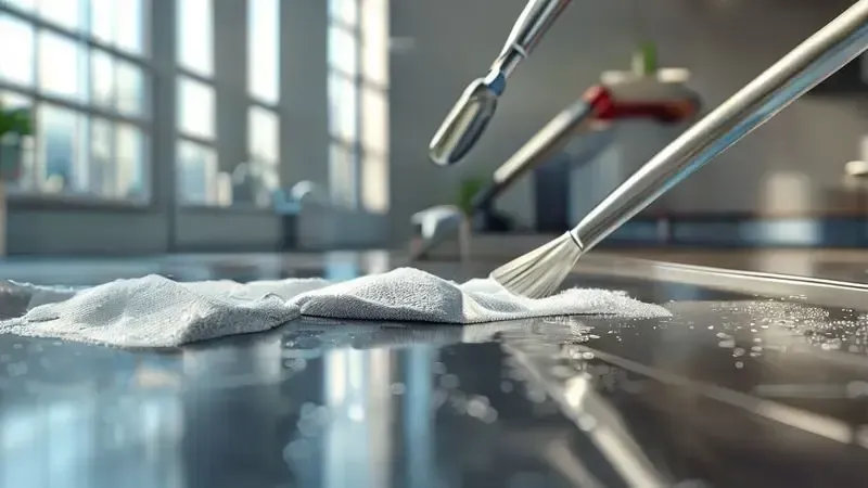 Cena conceitual mostrando facilidade de limpeza comparativa entre superfícies de vidro e inox