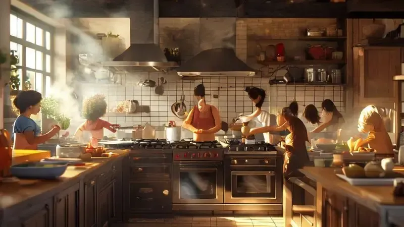 Ilustração conceitual de família cozinhando com fogão de 5 bocas, demonstrando versatilidade na cozinha moderna.