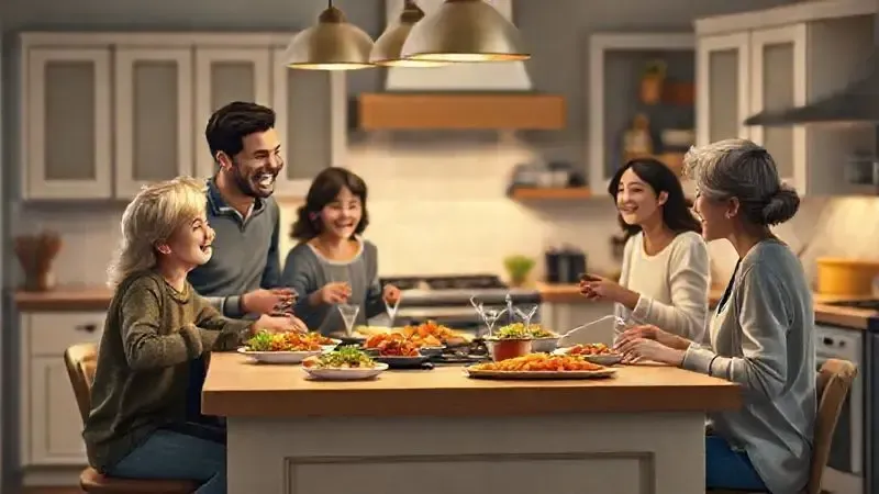 Ilustração realista de uma família satisfeita reunida na cozinha, transmitindo o sentimento de uma boa compra e qualidade de vida.