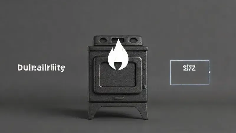 Render conceitual 3D mostrando durabilidade e fatores de escolha para um fogão industrial ideal.