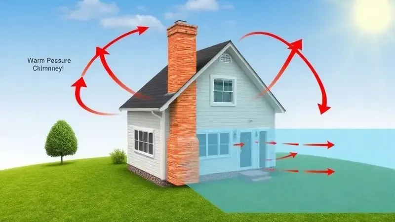 Ilustração dos princípios físicos que afetam o puxo da chaminé e fluxo de ar