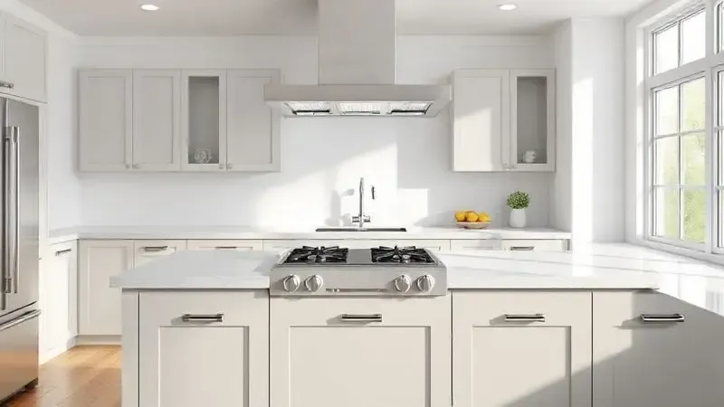 Ilustração 3D de uma cozinha planejada onde o fogão de 4 bocas se encaixa perfeitamente no espaço disponível.