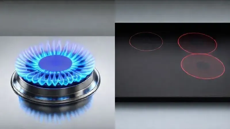 Ilustração comparativa de um lado um queimador a gás com chama e do outro um cooktop elétrico com resistência acesa.