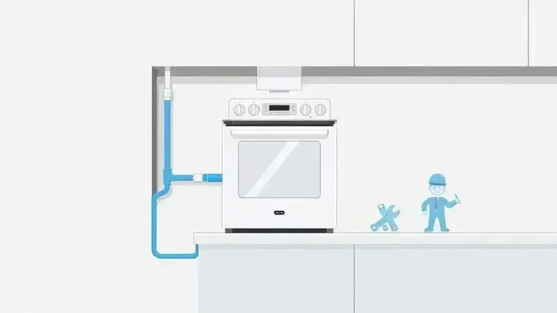 Ilustração técnica mostrando a conversão e conexão de um fogão ao sistema de gás encanado na parede da cozinha.