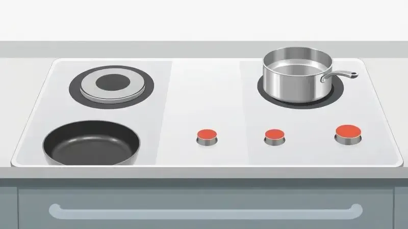 Ilustração mostrando diversos tipos de panelas e uma panela de metal adequada posicionada no fogão elétrico, ilustrando compatibilidade.