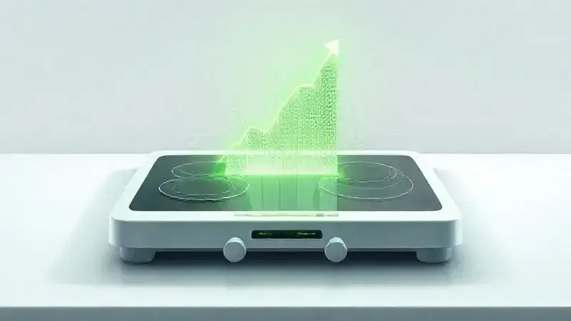Ilustração digital de um cooktop elétrico com um gráfico verde de eficiência energética subindo, representando baixo consumo de energia.