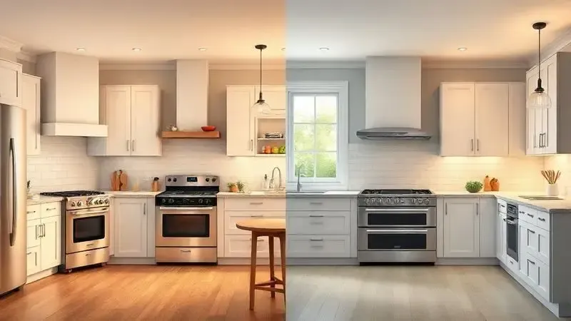 Ilustração 3D mostrando dois tipos de fogões embutidos e de piso se integrando a diferentes estilos de cozinha.