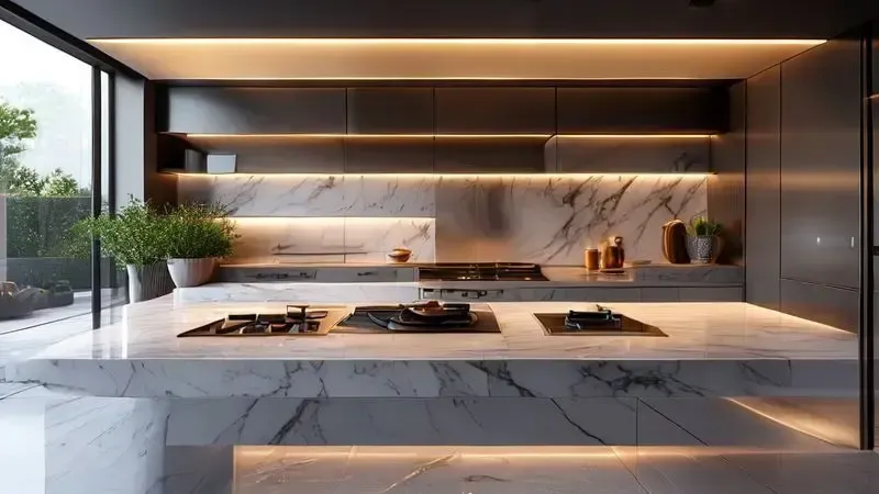 Fogão de embutir integrado em bancada de mármore em cozinha moderna e minimalista