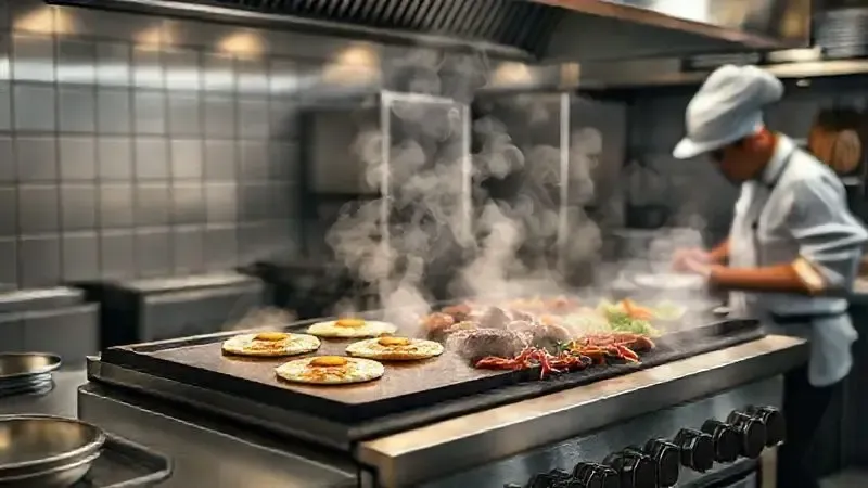 Cena conceitual de uma chapa de fogão industrial sendo usada para preparar diversos tipos de alimentos simultaneamente em alta demanda.