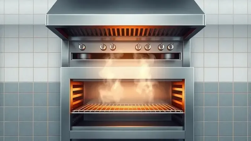 Ilustração conceitual da sinergia entre o fogão e o forno industrial, otimizando o fluxo de trabalho na cozinha.