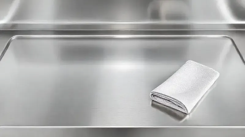 Fogão de inox limpo e polido, com acabamento espelhado e reflexivo, e um pano de microfibra ao lado.