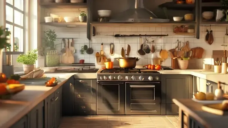 Ilustração conceitual de um fogão moderno em cena de cozinha aconchegante com ingredientes de preparo