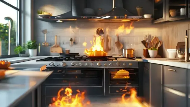 Ilustração conceitual de um fogão de piso integrado em uma cozinha moderna com utensílios de cozinha.