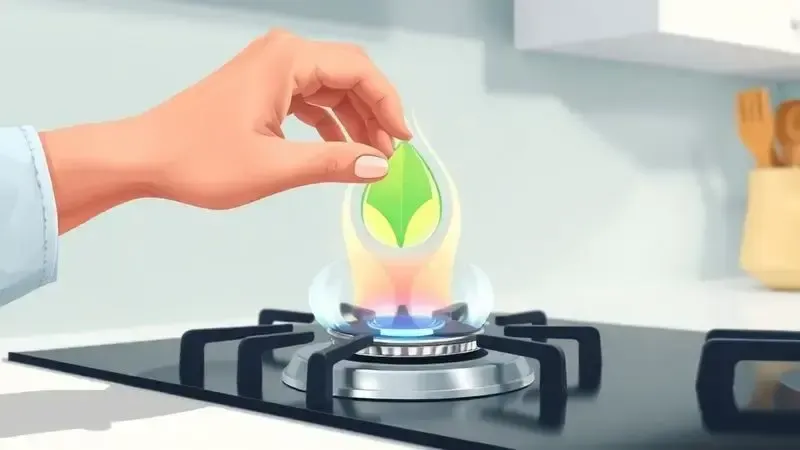 Ilustração digital conceitual de fogão eficiente e econômico, simbolizando recursos ecológicos e economia de gás.