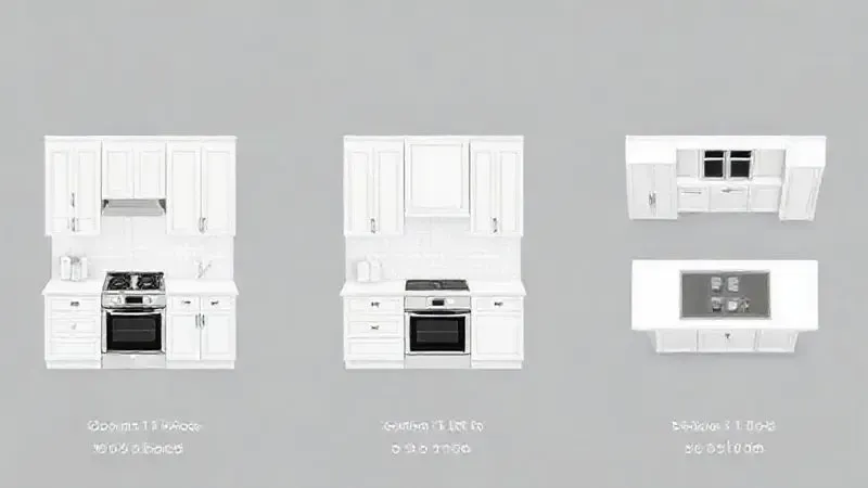 Renderização 3D de três cozinhas mostrando fogões de piso, embutir e cooktop, ilustrando o tamanho e espaço.
