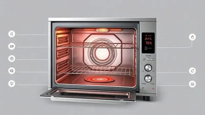 Ilustração técnica em corte mostrando características internas de um forno como elementos de aquecimento, ventilação convecção e funções grill