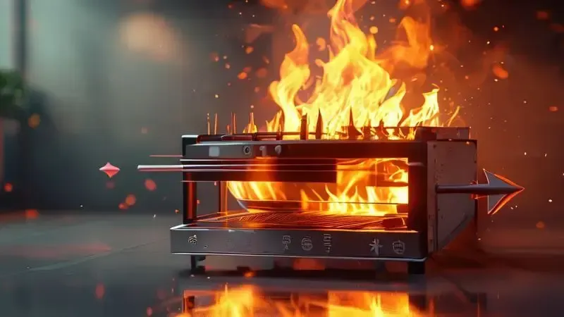 Ilustração conceitual de chama de forno a gás acendendo e apagando, com setas mostrando interrupção de fluxo