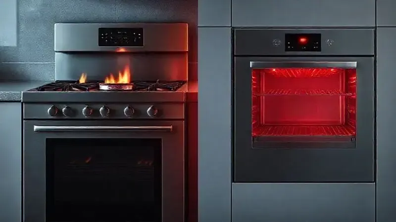 Comparação conceitual entre um forno de fogão a gás e um forno elétrico em uma ilustração moderna e com iluminação dramática.