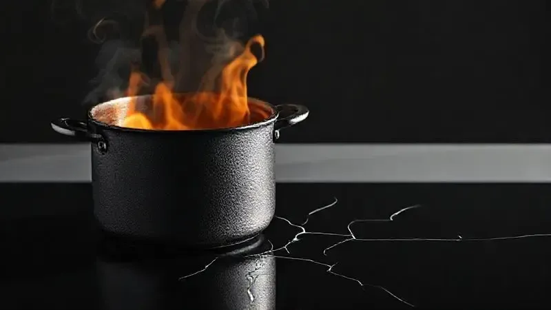 Ilustração 3D mostrando um utensílio de ferro pesado ou quente ameaçando a superfície frágil de uma mesa de fogão de vidro.