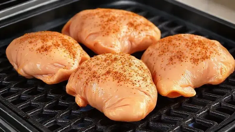 Frango temperado com mostarda sendo colocado nas grelhas quentes de uma churrasqueira de fogão.