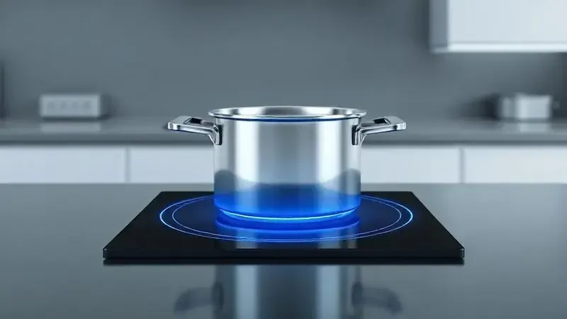 Ilustração conceitual de um campo eletromagnético azul interagindo com uma panela, representando as funcionalidades da indução.