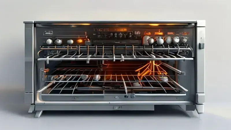 Diagrama ilustrativo em corte transversal mostrando os componentes internos de um forno de fogão e seu sistema de ignição