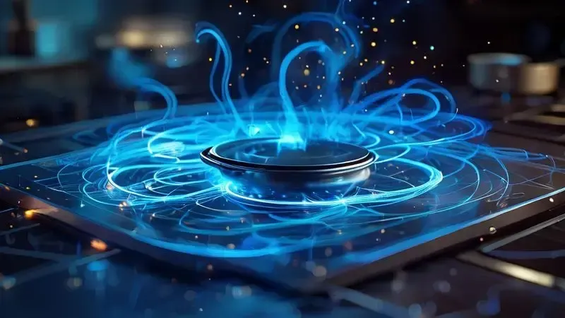 Ilustração 3D mostrando campo eletromagnético do cooktop por indução com linhas magnéticas e bobinas brilhantes