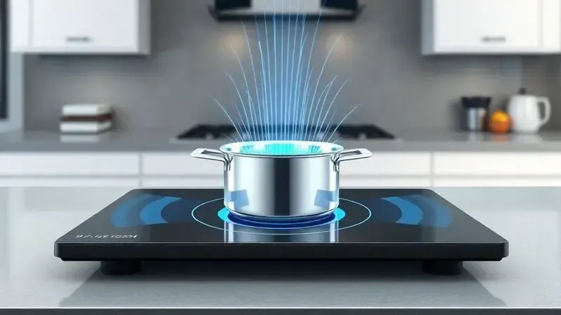 Ilustração técnica do funcionamento de um cooktop por indução, mostrando campo magnético aquecendo o fundo da panela.