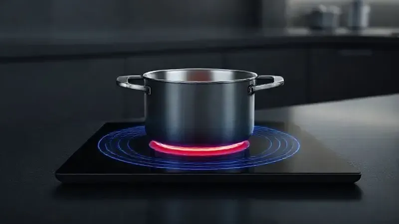 Ilustração conceitual do princípio de funcionamento do cooktop de indução, mostrando o campo magnético gerando calor na panela.