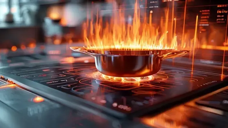 Ilustração do mecanismo de aquecimento por resistência infravermelha de um cooktop vitrocerâmico sob superfície de vidro.
