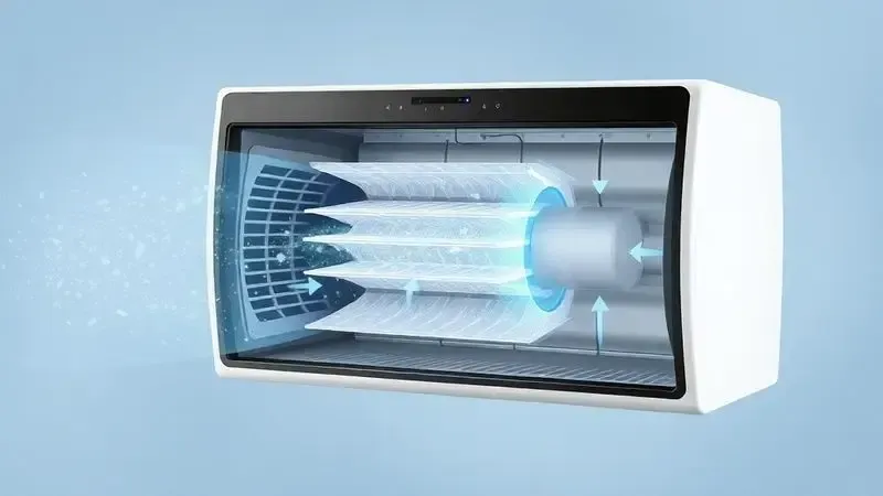 Ilustração do funcionamento interno de um depurador de ar com fluxo de ar e filtros