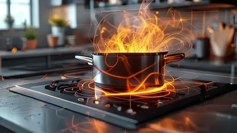 Diagrama ilustrativo do funcionamento de fogão de indução com campos magnéticos gerando calor