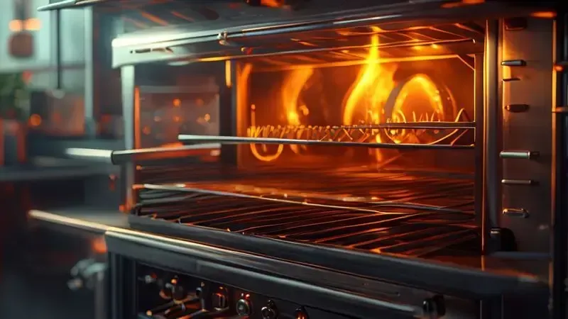 Ilustração conceitual do funcionamento do grill do forno, mostrando elementos aquecidos irradiando calor para os alimentos.