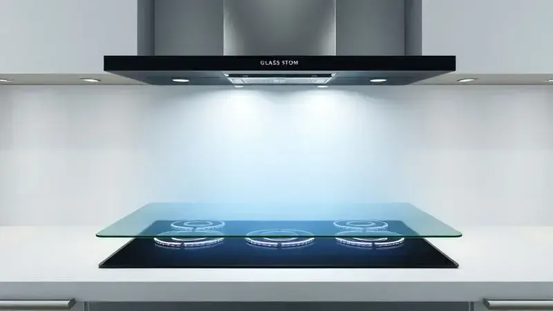 Diagrama ilustrativo do funcionamento interno de fogão com mesa de vidro, mostrando elementos de aquecimento sob superfície temperada