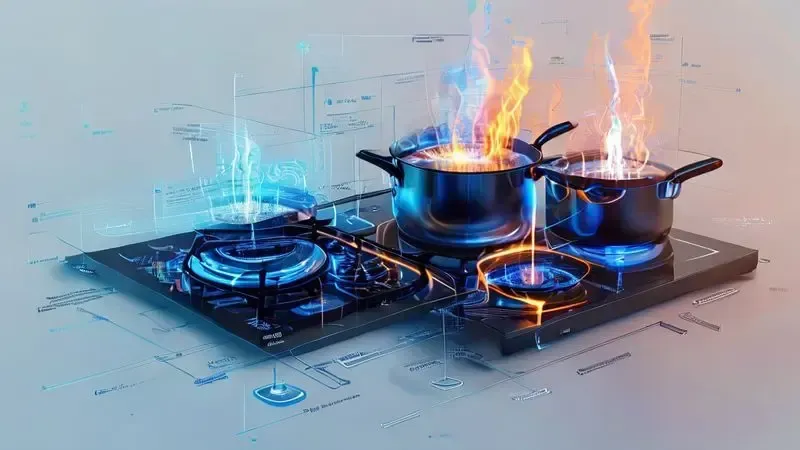 Diagrama ilustrativo mostrando como funciona a tecnologia de indução e o fogão a gás, com representação de campos eletromagnéticos e chamas