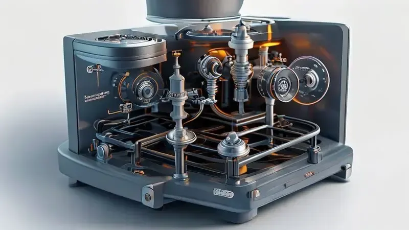 Ilustração técnica detalhada mostrando funcionamento interno da válvula de segurança do fogão com corte transversal.