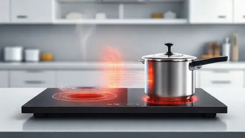 Ilustração conceitual mostrando o fundo de uma panela de pressão com material compatível aquecendo em um fogão de indução.