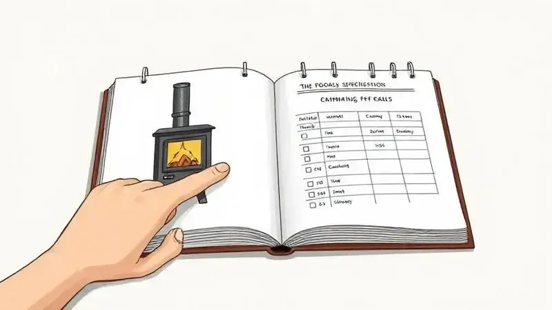 Ilustração conceitual de um guia de compra, com uma pessoa analisando critérios de escolha para o melhor fogão a lenha.