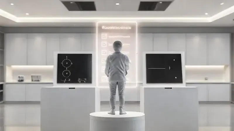Pessoa escolhendo entre diferentes modelos de cooktops de cozinha com a ajuda de um guia de compra digital.
