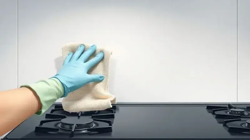 processo prático de limpeza diária do fogão com luvas e pano de microfibra